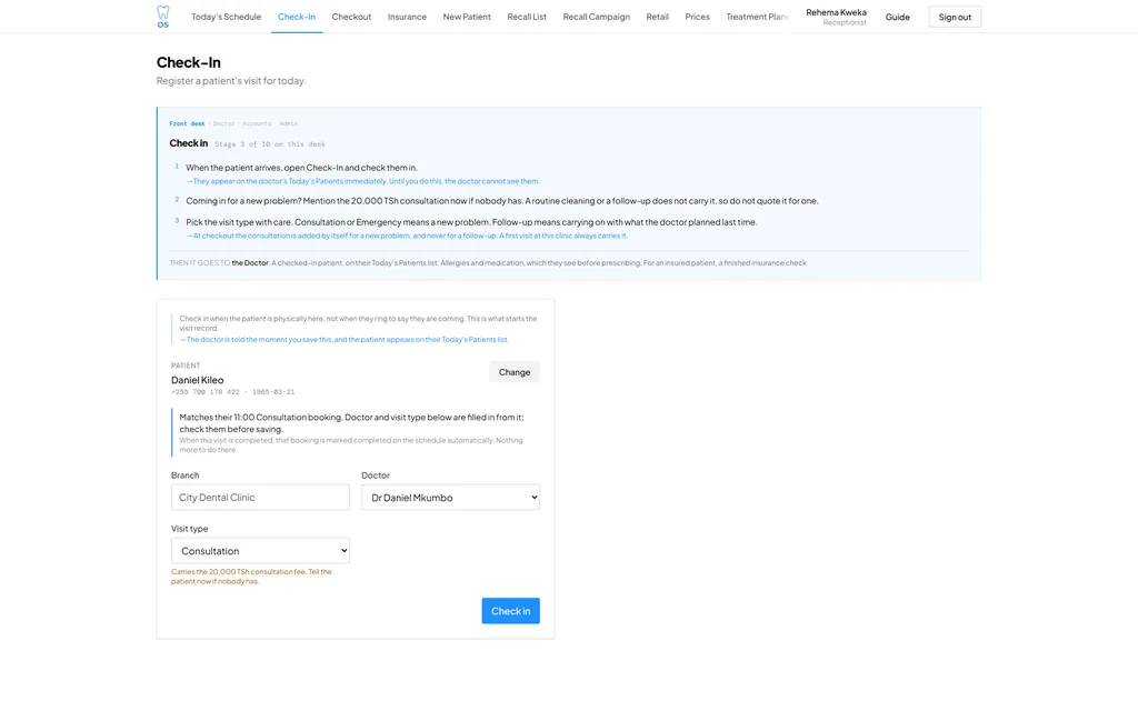 Dental OS check-in for one patient, matched to their 11:00 consultation booking, with branch, doctor and visit type filled in and a check-in button