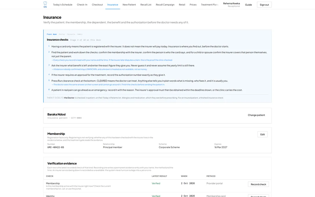 Dental OS insurance verification for a patient: membership number, relationship, scheme and expiry, above verification evidence recording each check's latest result, date and method