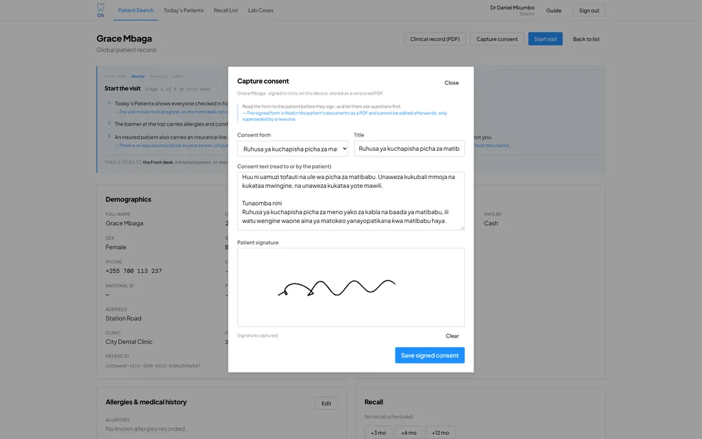 Dental OS capture-consent dialog in Kiswahili, Ruhusa ya kuchapisha picha za matibabu, with the consent text read to the patient, a captured signature and a save signed consent button