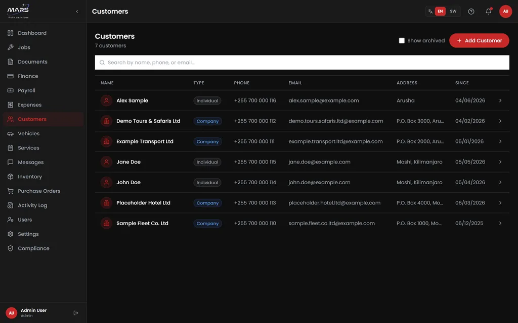 MARS customer records table listing customer type, phone, email, address and customer-since date, with search and an Add Customer button