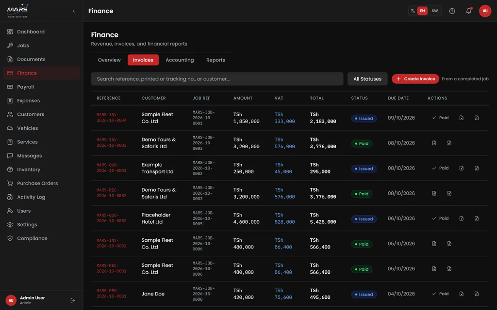 MARS finance invoices list with search, a status filter and a create-invoice button, showing each reference with customer, job reference, amount, VAT, total, issued or paid status, due date and actions