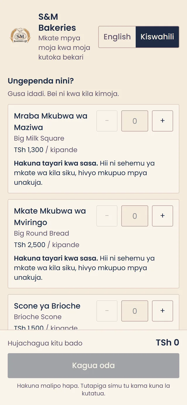 S&M Bakeries ordering app in Kiswahili on a phone: Ungependa nini, each bread listed by its Kiswahili name first, and a Kagua oda button
