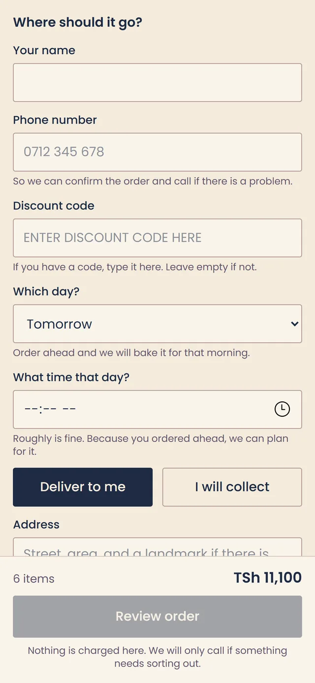 S&M Bakeries ordering app on a phone: where should it go, with name, phone and discount code fields, tomorrow chosen as the day with a time to pick, and deliver to me selected over I will collect