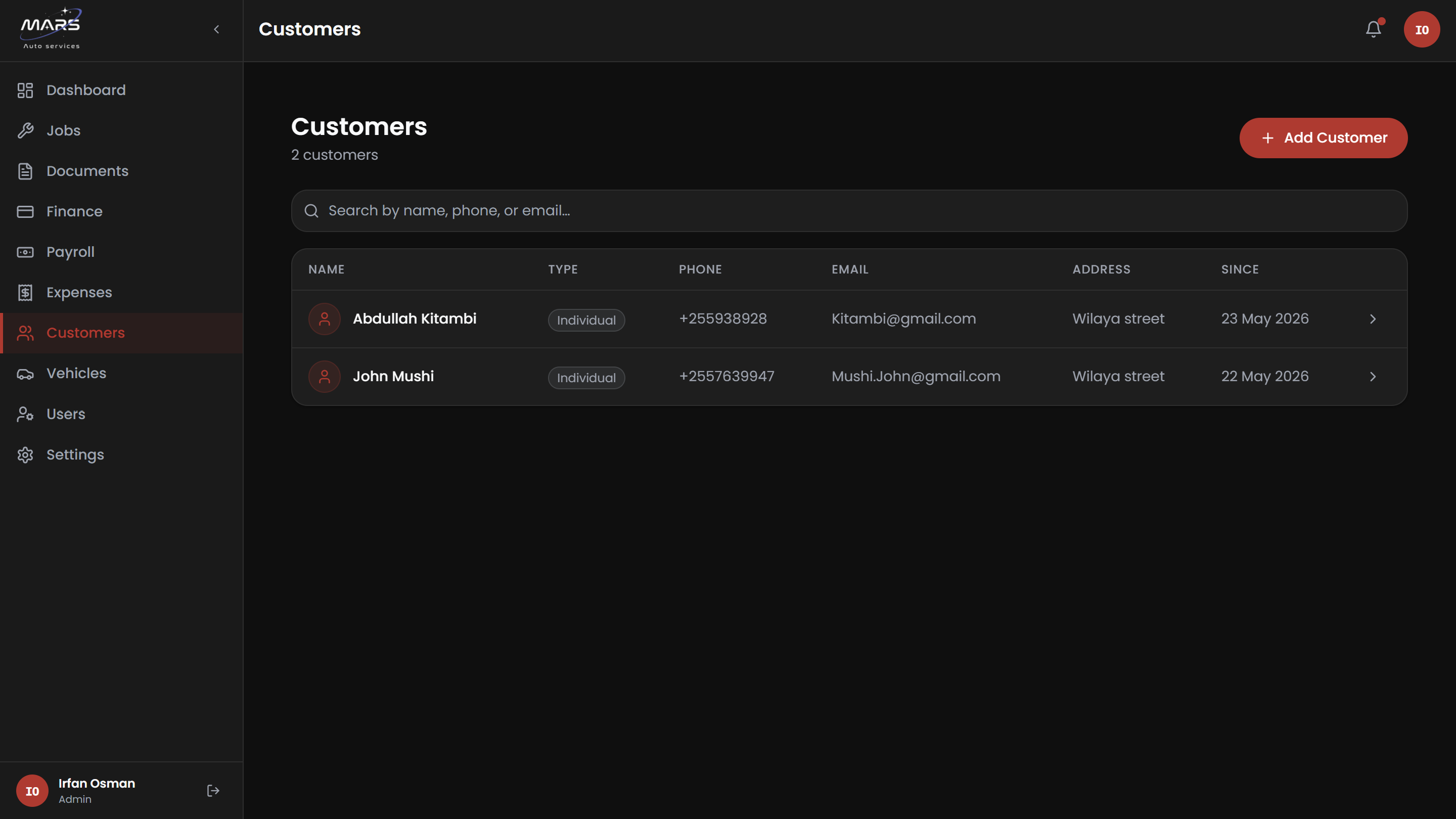 MARS customer records — profiles, vehicle history, and full job history