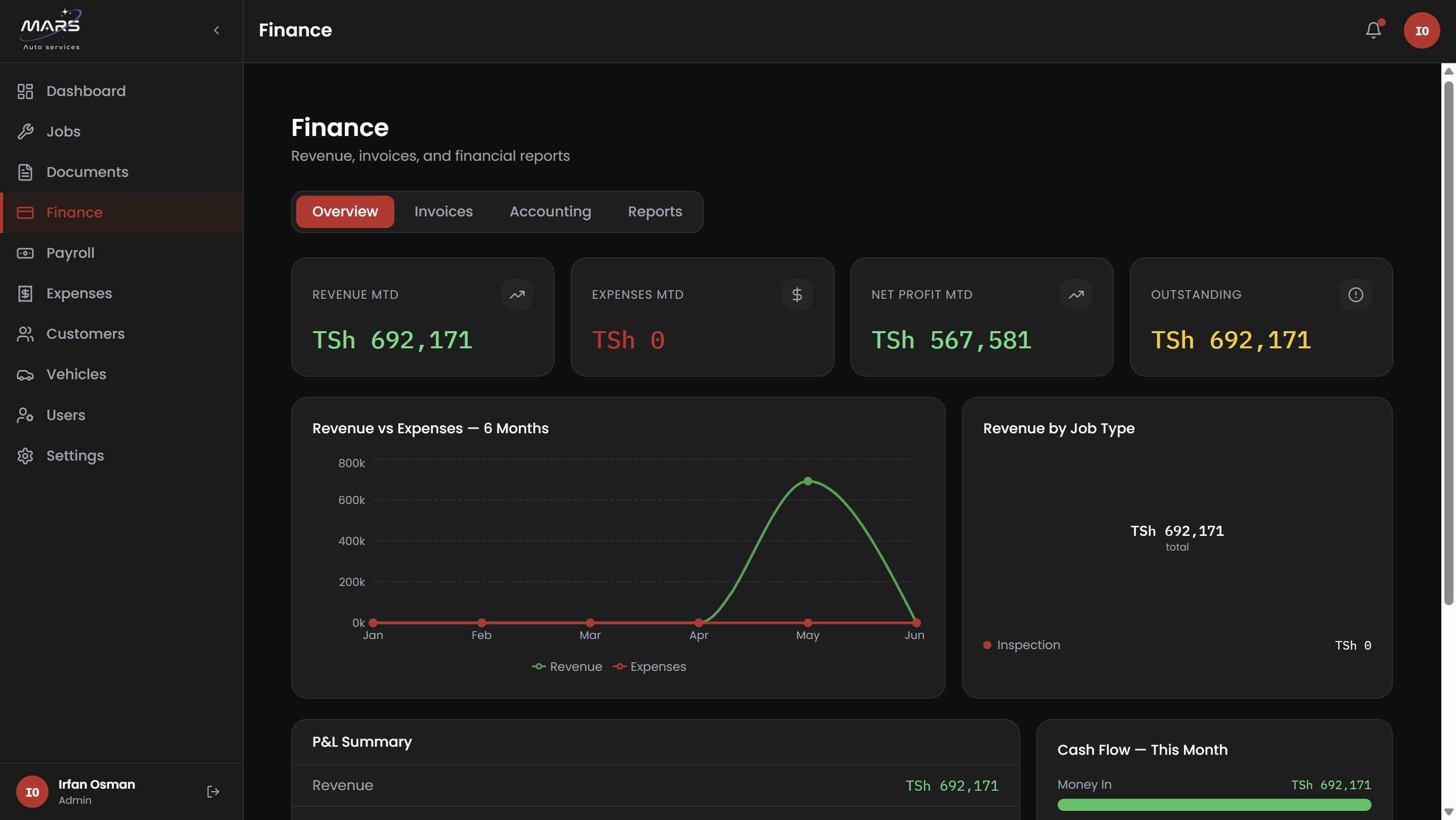 MARS finance module — income, expenses, running balance, and transaction history
