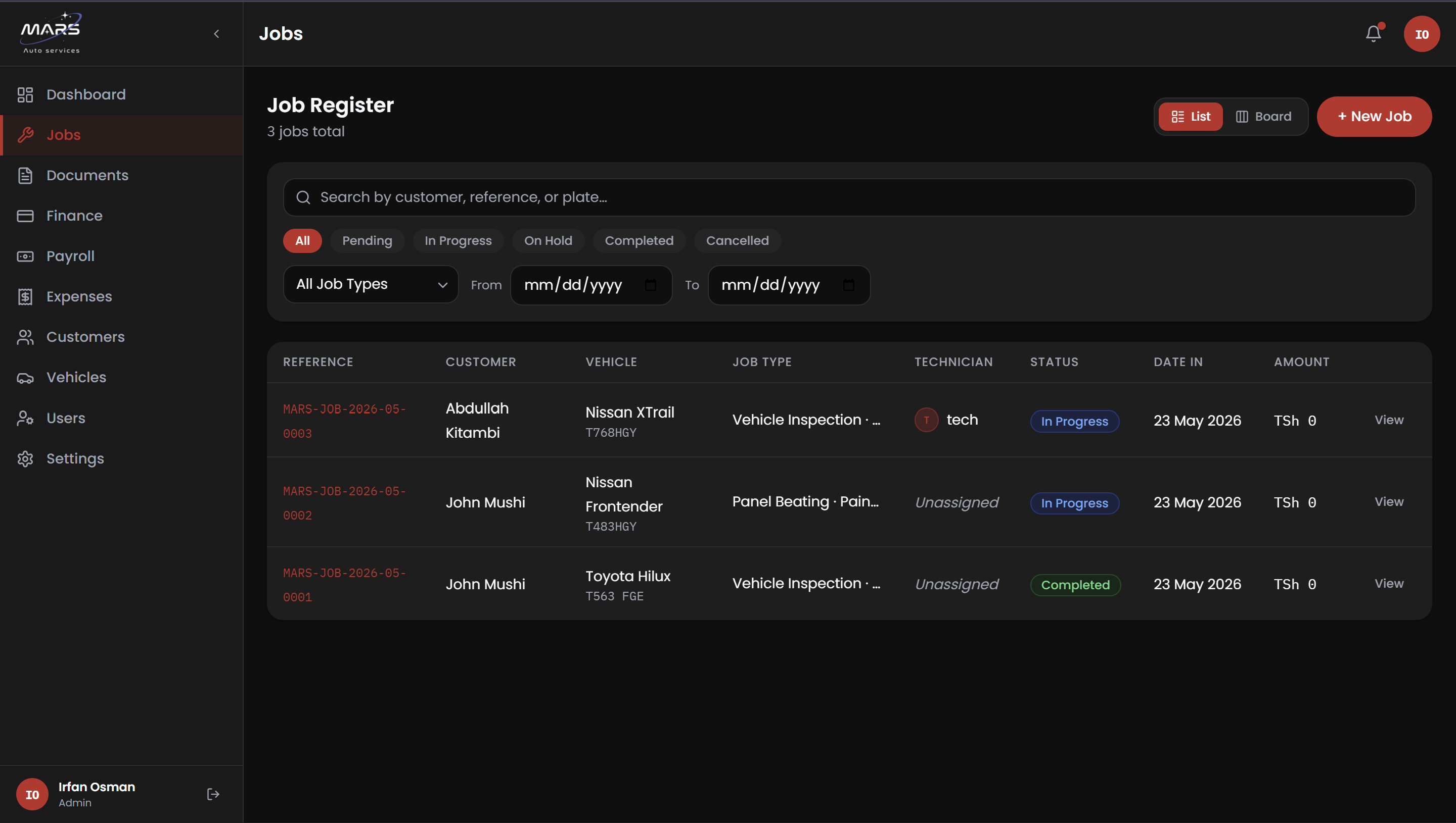 MARS job management — job lifecycle, status tracking, and technician assignment